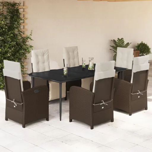 Conjunto Jantar p/ Jardim c/ Almofadões Vime PE Castanho (7 pcs)