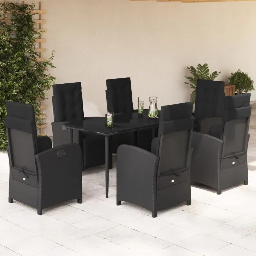 Conjunto de Jantar p/ Jardim c/ Almofadões Vime PE Preto (7 pcs)