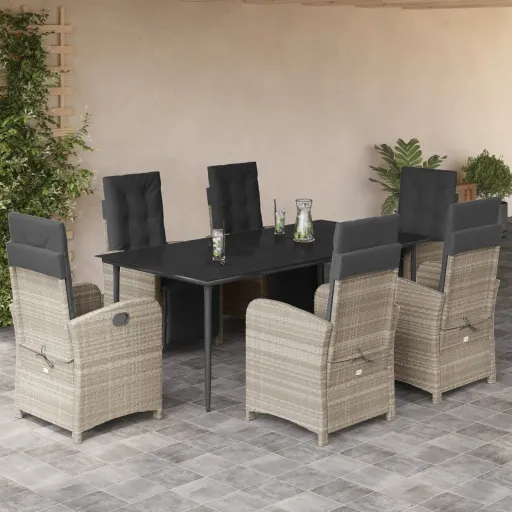 Conj. Jantar p/ Jardim c/ Almofadões Vime PE Cinza-Claro (7 pcs)