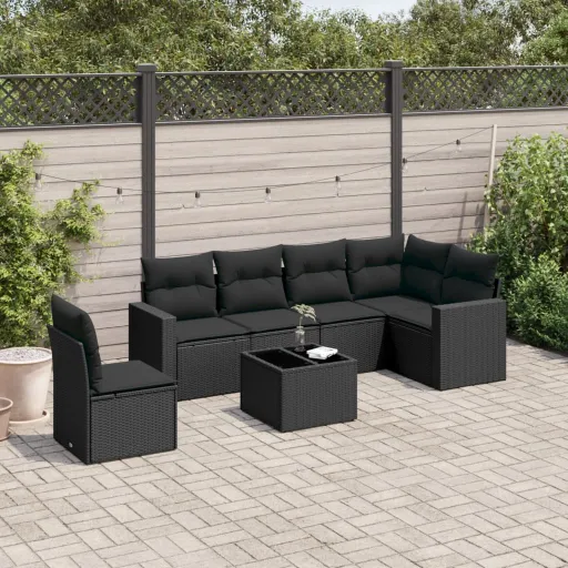 Conjunto de Sofás p/ Jardim c/ Almofadões Vime PE Preto (7 pcs)