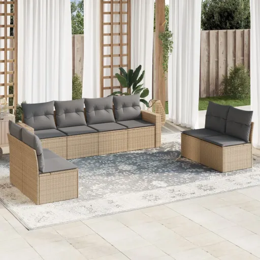 Conjunto de Sofás p/ Jardim com Almofadões Vime PE Bege (8 pcs)