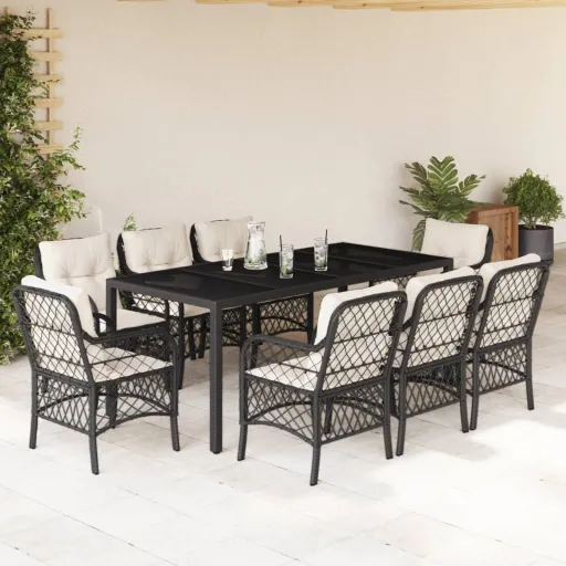 Conjunto de Jantar p/ Jardim c/ Almofadões Vime PE Preto (9 pcs)