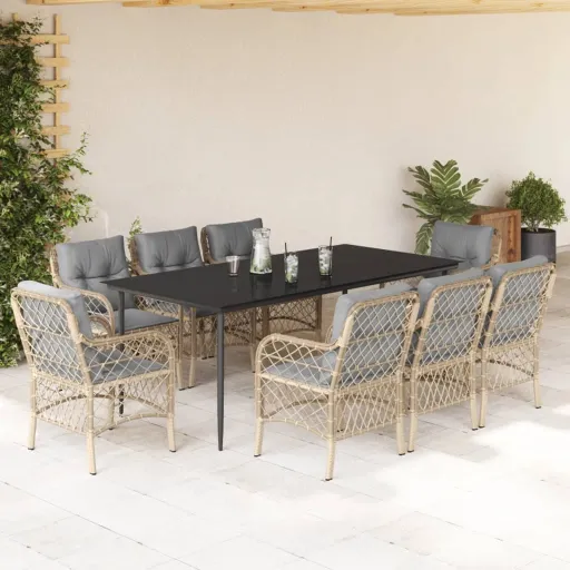Conj. Jantar Jardim c/ Almofadões Vime PE Bege Misturado (9 pcs)