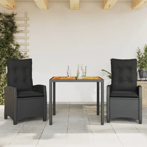 Conjunto de Jantar p/ Jardim c/ Almofadões Vime PE Preto (3 pcs)