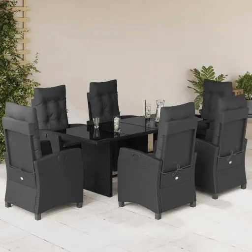 Conjunto de Jantar p/ Jardim c/ Almofadões Vime PE Preto (7 pcs)