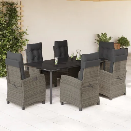 Conjunto de Jantar p/ Jardim c/ Almofadões Vime PE Cinza (7 pcs)