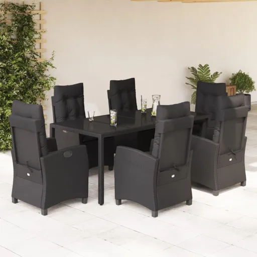 Conjunto de Jantar p/ Jardim c/ Almofadões Vime PE Preto (7 pcs)