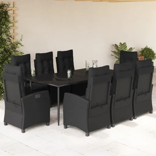 Conjunto de Jantar p/ Jardim c/ Almofadões Vime PE Preto (9 pcs)