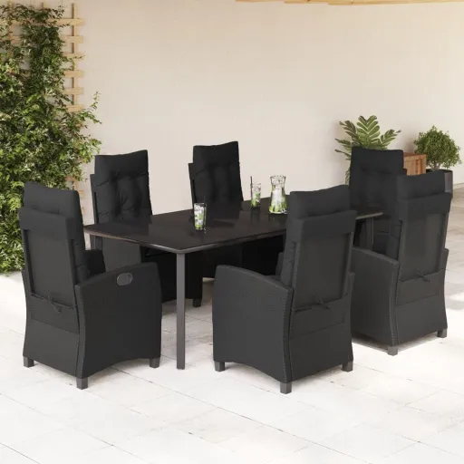 Conjunto de Jantar p/ Jardim c/ Almofadões Vime PE Preto (7 pcs)