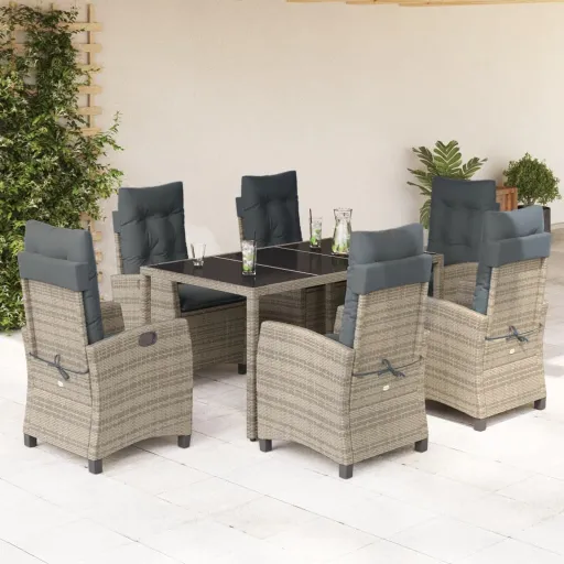 Conjunto de Jantar p/ Jardim c/ Almofadões Vime PE Cinza (7 pcs)