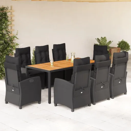 Conjunto de Jantar p/ Jardim c/ Almofadões Vime PE Preto (9 pcs)