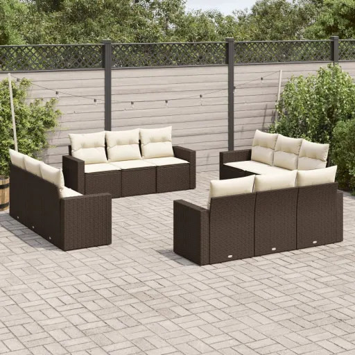 Conjunto de Sofás Jardim com Almofadões Vime PE Castanho (12 pcs)