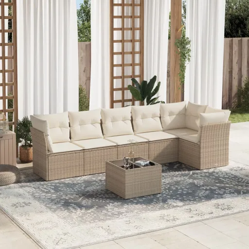 Conjunto de Sofás p/ Jardim com Almofadões Vime PE Bege (7 pcs)