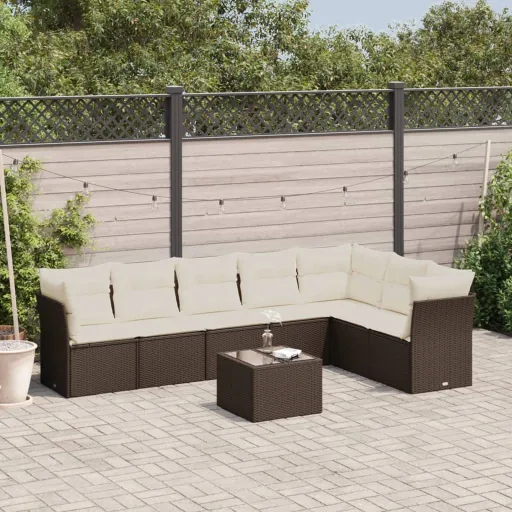 Conjunto Sofás de Jardim c/ Almofadões Vime PE Castanho (8 pcs)