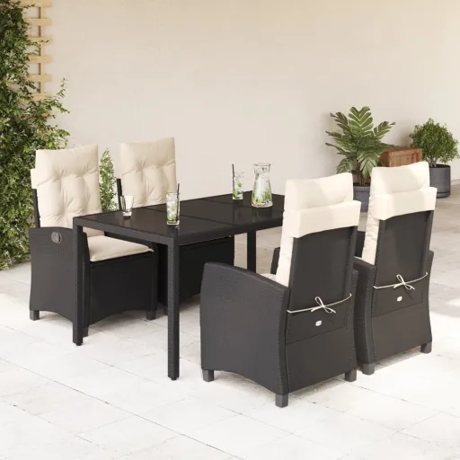 Conjunto de Jantar p/ Jardim c/ Almofadões Vime PE Preto (5 pcs)