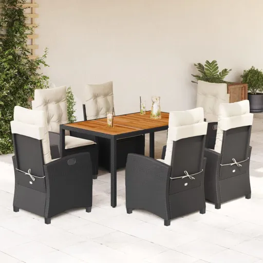 Conjunto de Jantar p/ Jardim c/ Almofadões Vime PE Preto (7 pcs)