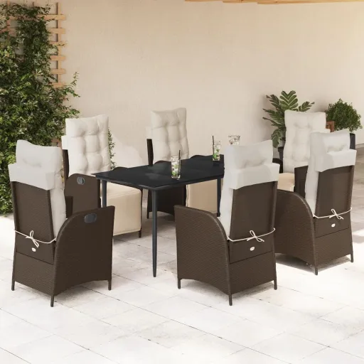 Conjunto Jantar p/ Jardim c/ Almofadões Vime PE Castanho (7 pcs)