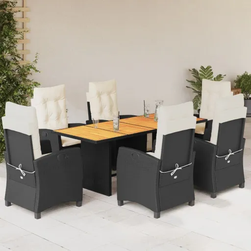 Conjunto de Jantar p/ Jardim c/ Almofadões Vime PE Preto (7 pcs)