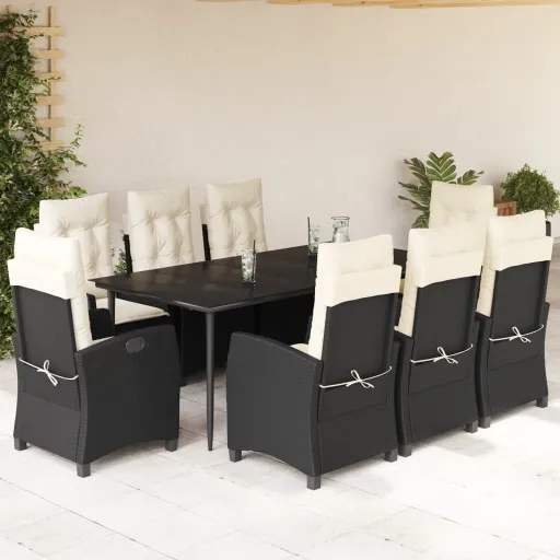 Conjunto de Jantar p/ Jardim c/ Almofadões Vime PE Preto (9 pcs)