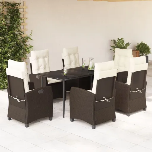 Conjunto Jantar p/ Jardim c/ Almofadões Vime PE Castanho (7 pcs)