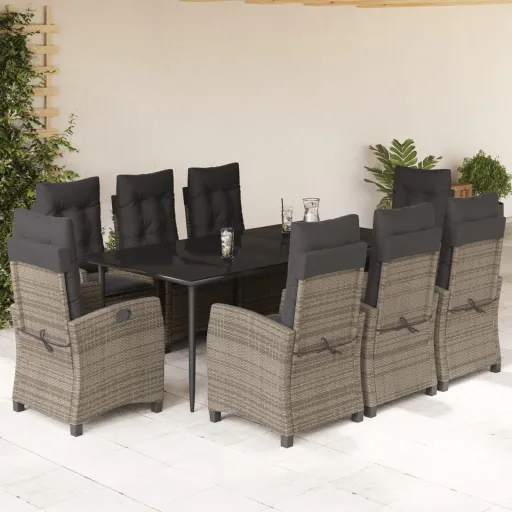 Conjunto de Jantar p/ Jardim c/ Almofadões Vime PE Cinza (9 pcs)