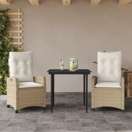 Conjunto de Jantar p/ Jardim com Almofadões Vime PE Bege (3 pcs)