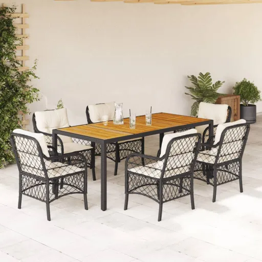 Conjunto de Jantar p/ Jardim c/ Almofadões Vime PE Preto (7 pcs)