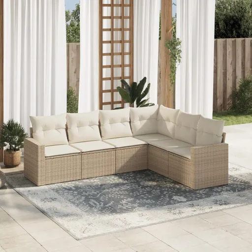 Conjunto de Sofás p/ Jardim com Almofadões Vime PE Bege (6 pcs)