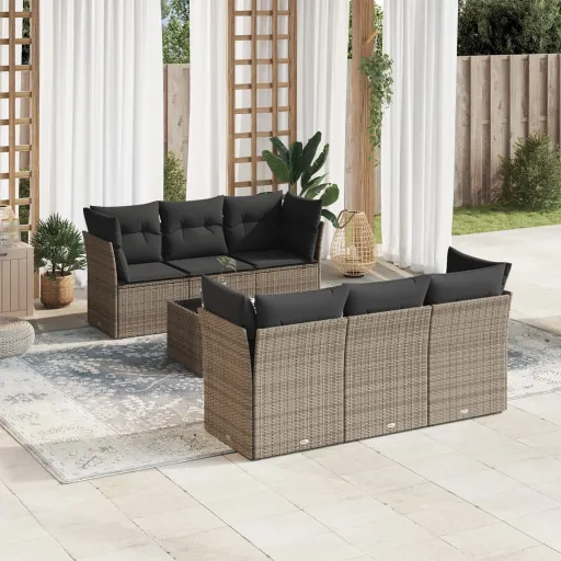 Conjunto Sofás p/ Jardim c/ Almofadões Vime PE Cinzento (7 pcs)