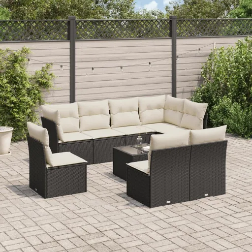 Conjunto de Sofás p/ Jardim c/ Almofadões Vime PE Preto (9 pcs)