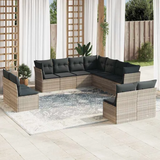 Conjunto Sofás de Jardim c/ Almofadões Vime PE Cinzento (11 pcs)