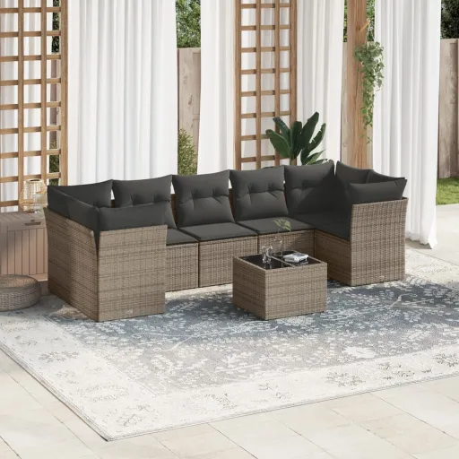 Conjunto Sofás de Jardim c/ Almofadões Vime PE Cinzento (8 pcs)