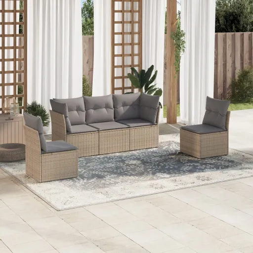 Conjunto de Sofás p/ Jardim com Almofadões Vime PE Bege (5 pcs)