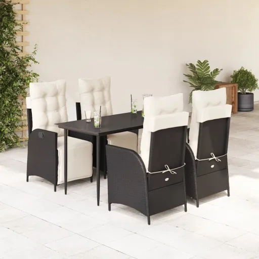 Conjunto de Jantar p/ Jardim c/ Almofadões Vime PE Preto (5 pcs)