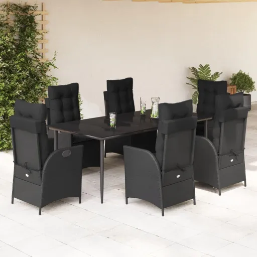 Conjunto de Jantar p/ Jardim c/ Almofadões Vime PE Preto (7 pcs)