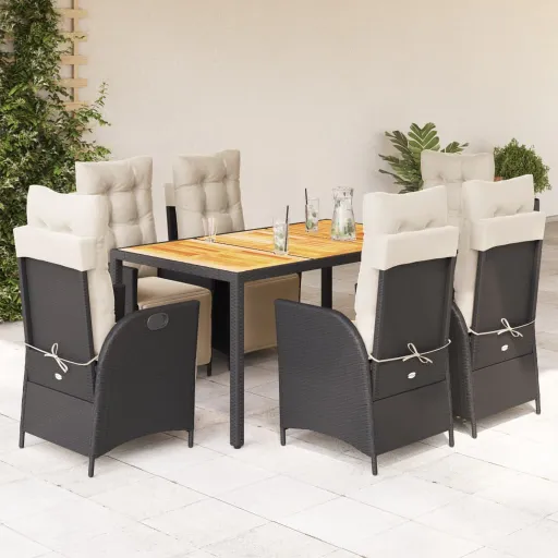 Conjunto de Jantar p/ Jardim c/ Almofadões Vime PE Preto (7 pcs)
