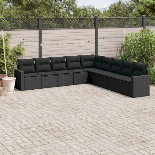Conjunto de Sofás p/ Jardim c/ Almofadões Vime PE Preto (9 pcs)