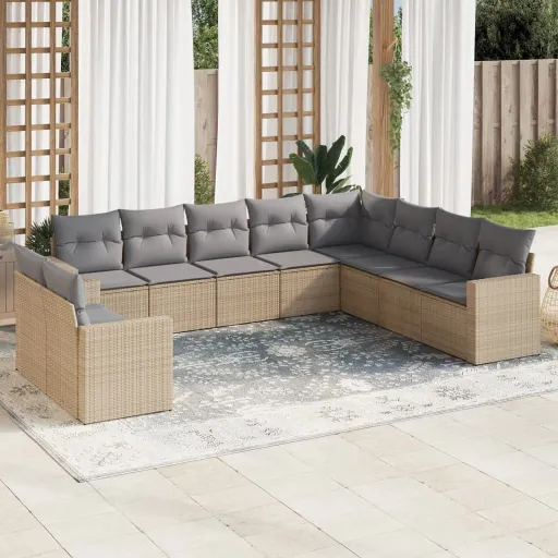 Conjunto de Sofás p/ Jardim com Almofadões Vime PE Bege (10 pcs)