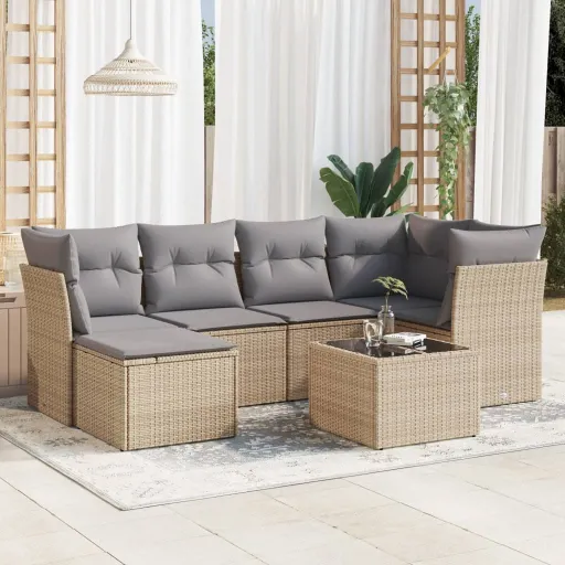Conjunto de Sofás p/ Jardim com Almofadões Vime PE Bege (7 pcs)