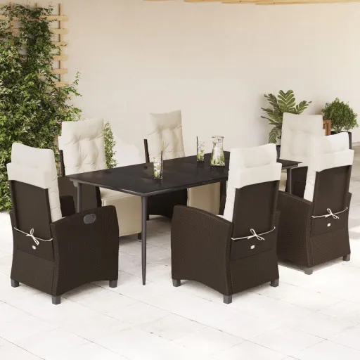Conjunto Jantar p/ Jardim c/ Almofadões Vime PE Castanho (7 pcs)
