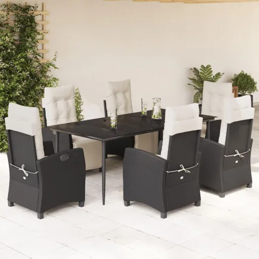 Conjunto de Jantar p/ Jardim c/ Almofadões Vime PE Preto (7 pcs)
