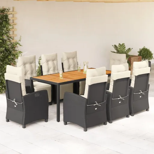 Conjunto de Jantar p/ Jardim c/ Almofadões Vime PE Preto (9 pcs)