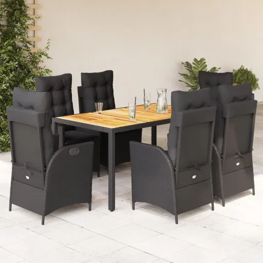 Conjunto de Jantar p/ Jardim c/ Almofadões Vime PE Preto (7 pcs)