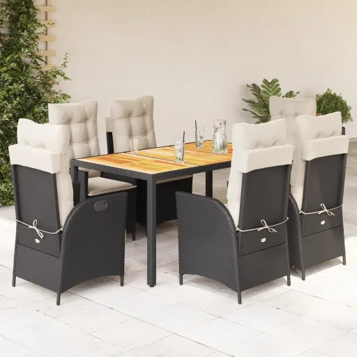 Conjunto de Jantar p/ Jardim c/ Almofadões Vime PE Preto (7 pcs)