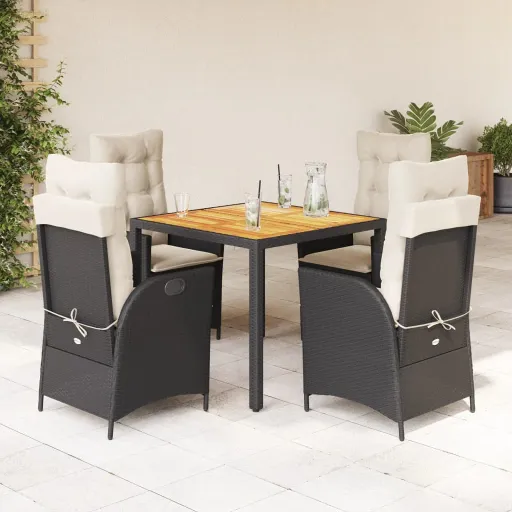 Conjunto de Jantar p/ Jardim c/ Almofadões Vime PE Preto (5 pcs)