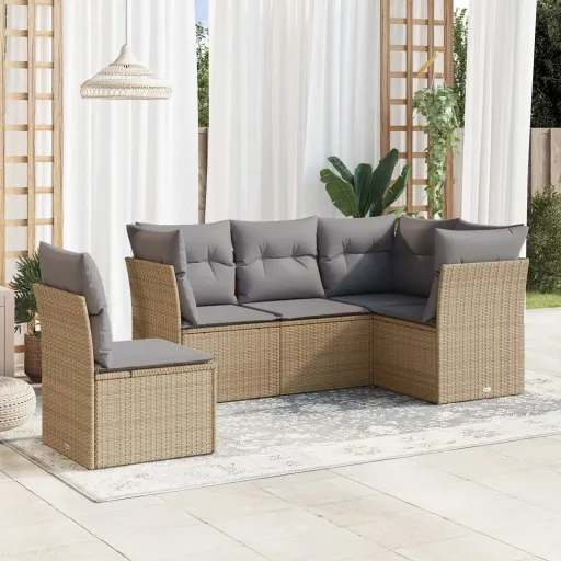 Conjunto de Sofás p/ Jardim com Almofadões Vime PE Bege (5 pcs)