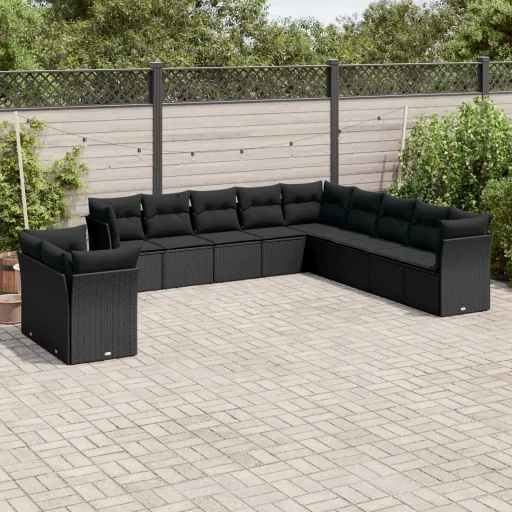 Conjunto Sofás de Jardim c/ Almofadões Vime PE Preto (11 pcs)