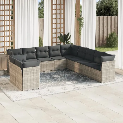 Conjunto Sofás de Jardim c/ Almofadões Vime PE Cinzento (11 pcs)