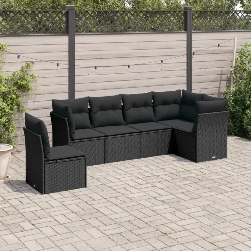 Conjunto Sofás de Jardim c/ Almofadões Vime PE Preto (6 pcs)