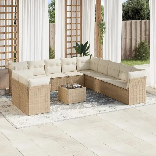 Conjunto de Sofás p/ Jardim com Almofadões Vime PE Bege (12 pcs)